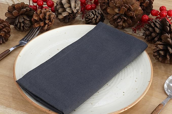 PurpleEssences Set of 12 Cloth Dinner Napkins 100% Cotton 18x18 Inch - Soft Durable Washable - Ideal for Farmhouse Party Christmas Holiday Winter - Perfect Everyday Use Table Linen - Dark Gray