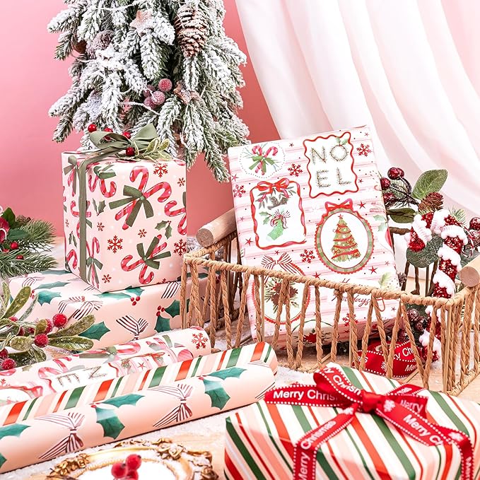WRAPAHOLIC 30 Inch Christmas Wrapping Paper Roll - Jumbo Roll Red and Green Christmas Decor, Candy Canes, Holly and Bow Wrapping Paper - 4 Rolls - 30 Inch x 120 Inch Per Roll
