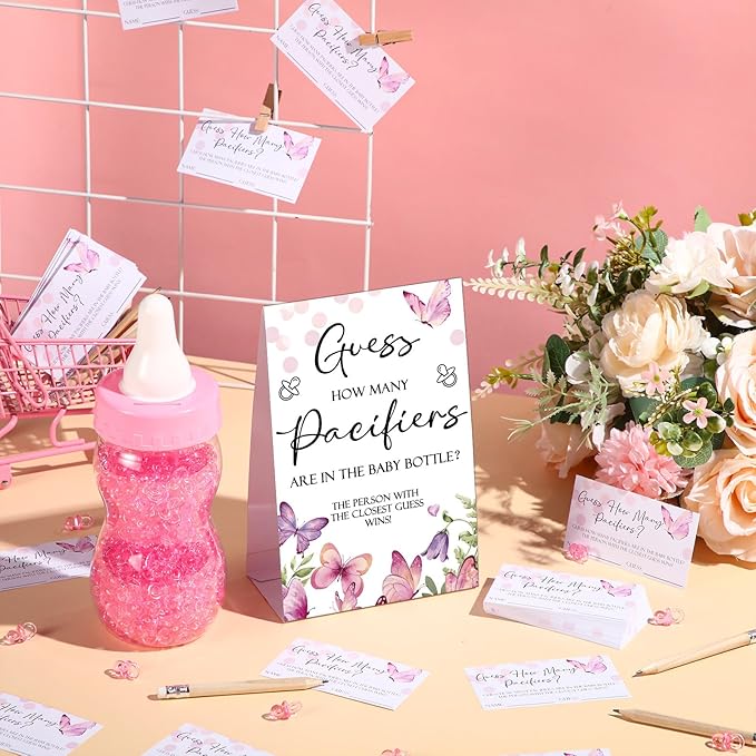 Roowest 512 Pcs Baby Shower Games Guess How Many Pacifiers Sign 100 Small Guessing Games 10 HB Pencils 750ml Milk Bottle 400 Acrylic Pacifiers Decoration for Guest Gender Reveal(Pink,Butterfly)