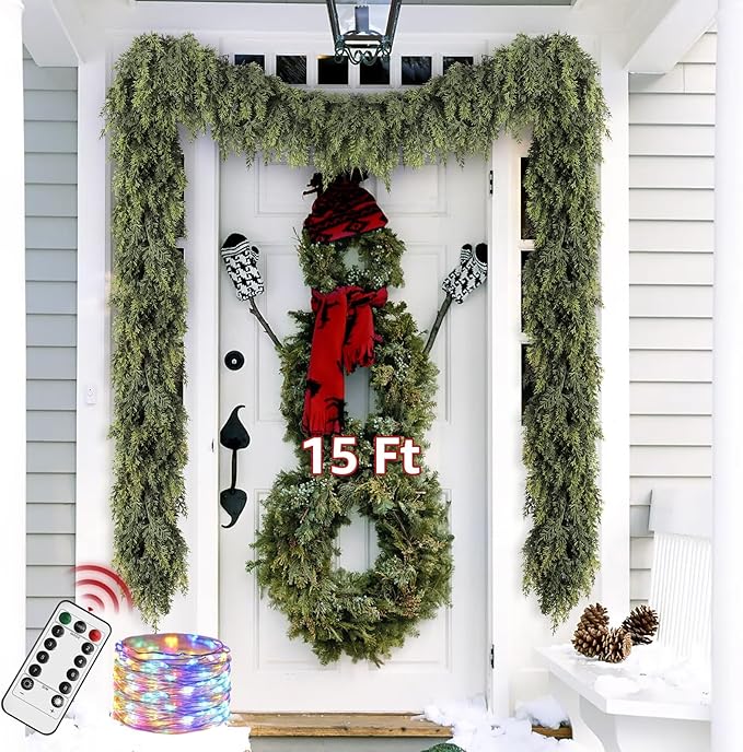 Cedar Christmas Garland with Lights for Mantle - Decorations 15ft Realistic Lighted Faux Pine Garlands for Xmas Home Decoration Indoor Stairs Railing Fireplace Outdoor 15 ft Prelit Garland Door Decor