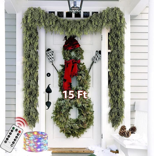 Cedar Christmas Garland with Lights for Mantle - Decorations 15ft Realistic Lighted Faux Pine Garlands for Xmas Home Decoration Indoor Stairs Railing Fireplace Outdoor 15 ft Prelit Garland Door Decor