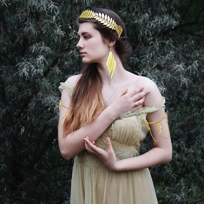 RechicGu 4 Pieces Grecian Goddess Leaf Laurel Costume Accessories Set Roman Toga Party Headband Upper Arm cuff Bracelet Band Earrings Jewelry Women Golden