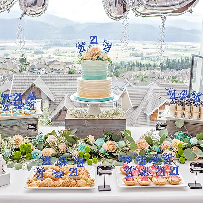 30PCS Happy 21st Birthday Cupcake Toppers Glitter Twenty One Legal 21 Hello 21 Cupcake Picks Cheers to 21 Birthday Decorations for 21st Birthday Anniversary Party Cake Decoration Supplies Blue