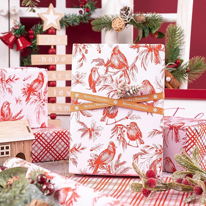 RUSPEPA Reversible Christmas Wrapping Paper Roll, Mini Roll, Vintage Red Botanical Bird and Pinecone Design, Red White Plaid Pattern Gift Wrap Paper for Elegant Holiday Gifts, 17 Inches x 32.8 Feet
