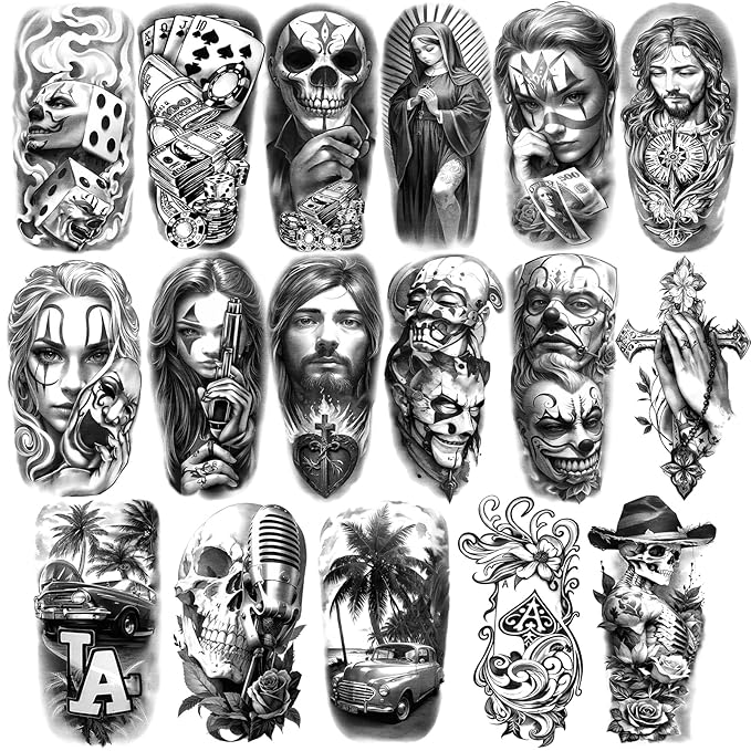 Yazhiji Waterproof Temporary Tattoos For Adult, Chicano Large Fake Tattoo Guadalupe Gangster Prisoner Day of the Dead, Lowrider Style Culture Mexico Clown 77 sheets Tattoo Stickers for Men Women