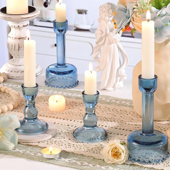 Circle Candlestick Holders Bulk, 6 Pcs Blue Combination Candle Holders Set, Crystal Candle Holders for Wedding, Table Centerpiece, Home Decoration