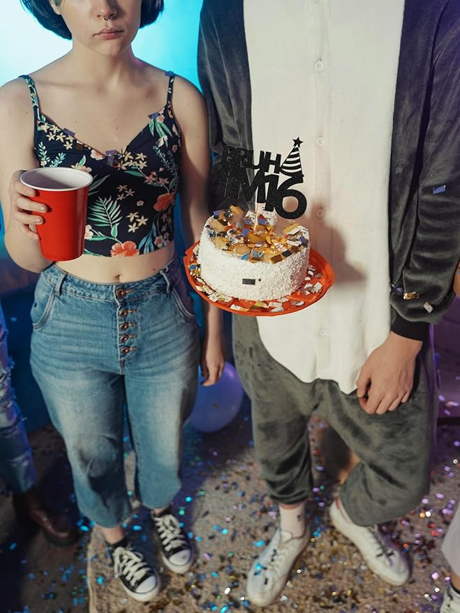 Bruh I’m 16 Cake Topper - Glitter Black 16th Birthday Cake Decorations, 16 Years Old Birthday Cake Smash Decor (16)