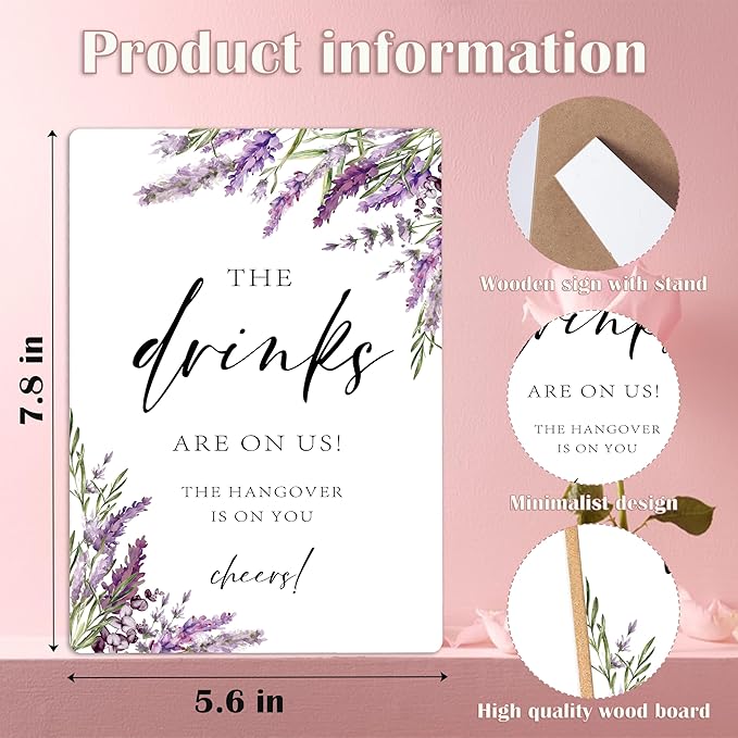 Drink Signs for Party, Lavender Bridal Shower Decorations, Wedding Reception Table Decorations, Engagement Party Decor, Floral Wooden Sign with Stand for Wedding Reception And Bridal Party Decor, 39