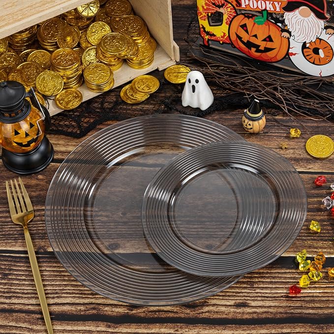 FLOWERCAT 100PCS Clear Black Plastic Plates Disposable Plates for Party - Heavy Duty Plastic Plates - 10" &7" Plate for 50 Guests Halloween Parties and Events (Smoke Gray)