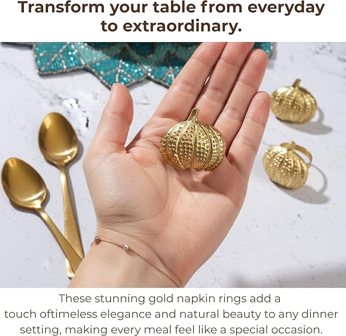 Napkin Rings Set of 12 - Pumpkin Elegant Napkin Holders Modern Serviette Buckles Metallic Adornment for Table Settings for Thanksgiving, Fall, Halloween & Holiday (Antique Gold) - CLEENTABLE