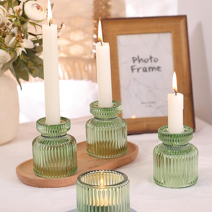 DARJEN 12 Pcs Glass Candlestick Holders- Green Taper Candlestick Holders Tealight Votive Candle Holders for Table Centerpieces, Wedding, Dinner Party, Home Decor