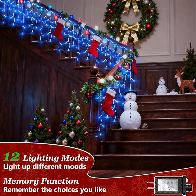810 LED Christmas Lights Outdoor Indoor, 82ft Blue String Lights with 180 Drops, 12 Modes Dimmable Curtain Lights with Timer, Waterproof Twinkle Fairy Lights for Bedroom Window Eaves Xmas Decor