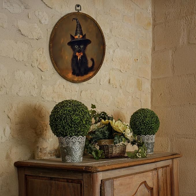 Funny Halloween Black Cat Round Wall Art,Gothic Canvas Print Wall Hanging Decor, Spooky Farmhouse Vintage Round Wall Art for Bedroom Living Room Entryway, Rustic Cat Gothic Wall Decor,Gift for Halloween(Black-Cat)