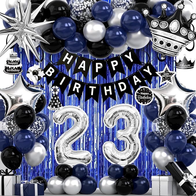 23rd Birthday Decorations for Men and Women, Black Blue Silver Happy Birthday Number 23 Balloons, Banner, Fringe Curtains Garland Kit - 23 Year Old Party Supplies