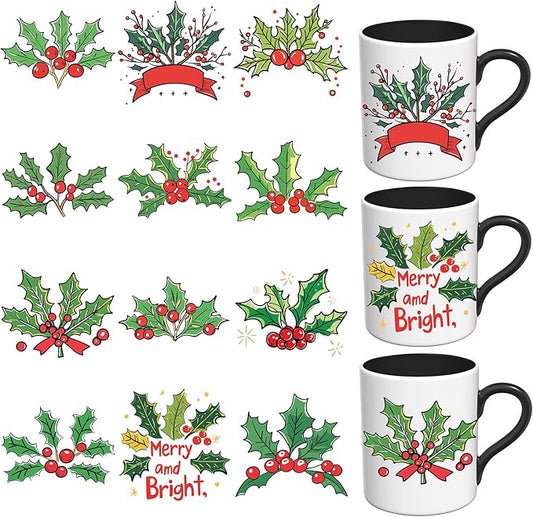UV DTF Stickers - 12 Sheets Merry Christmas UV DTF Cup Wrap for Coffee Mugs Glass, DIY Decals for Tumblers, Waterproof Rub on Transfers for Crafts