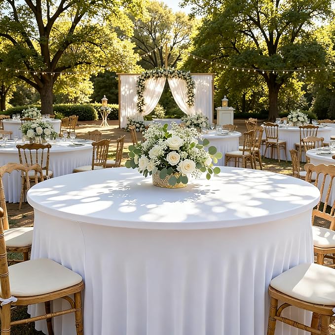 HolidayIdeas White Spandex Round Tablecloths for 60in Wedding Table, 5ft Fitted Stretch Table Skirts 120 Inch, Wrinkle-Free Ruffle Design Tablecloths for Banquets,Trade Shows, Parties, Events, 6 Pack