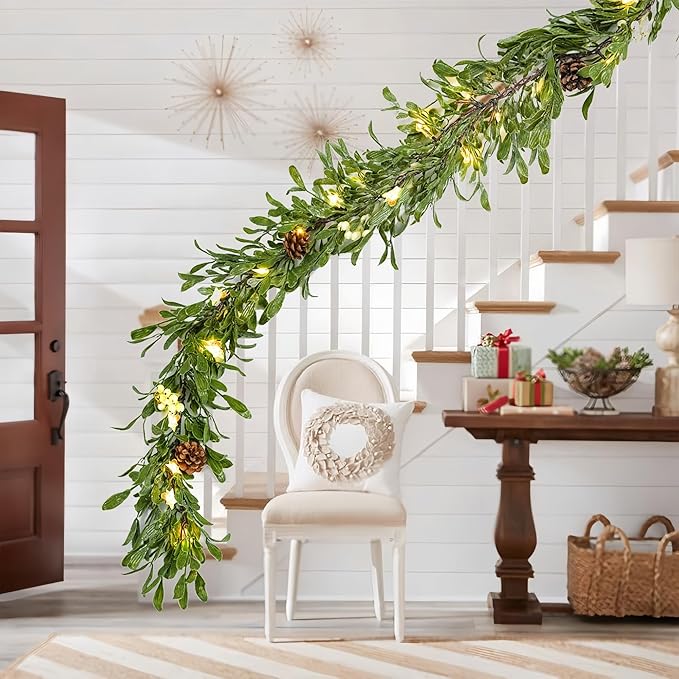 6FT Lighted Garland Christmas with Timer, Faux Cedar Garland Realistic with Berry Pinecone,Xmas Vines for Fireplace Indoor Outdoor Winter Decor