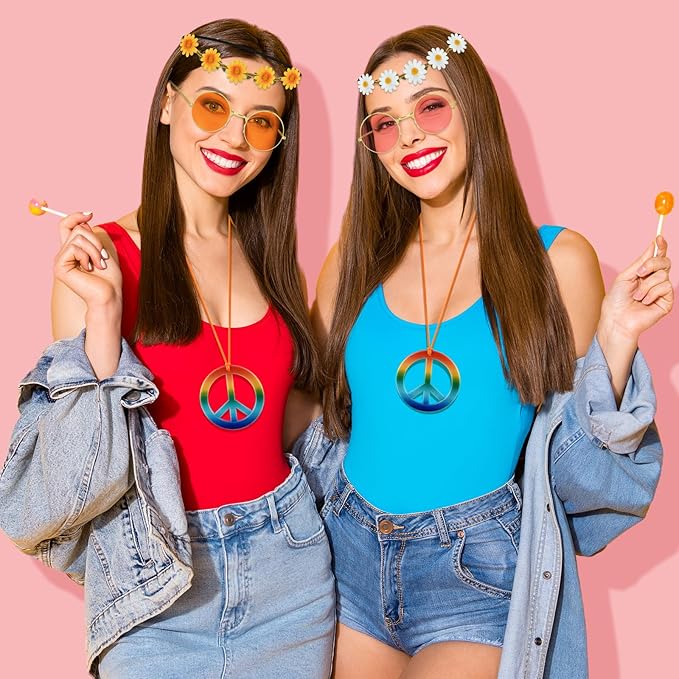 NEBURORA Hippie Costume Accessories Set 60s 70s Daisy Headband Peace Sign Necklaces Hippie Sunglasses for Carnival Party