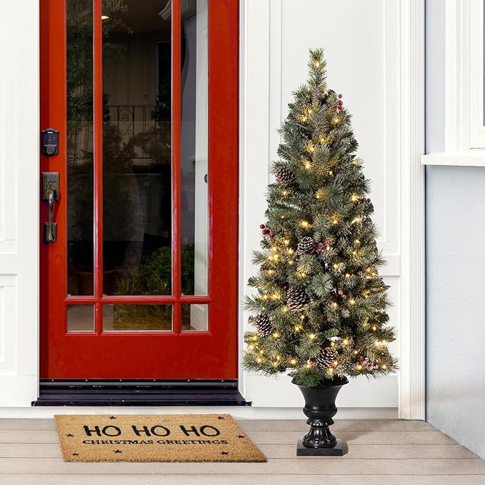 Glitzhome 5ft Prelit Christmas Tree Set of 2, Artificial Flocked Christmas Porch Tree with Lights, 372 PVC & Pine Needle Tips, Red Berries&Pine Cones, Potted Christmas Tree for Enrance Porch Decor
