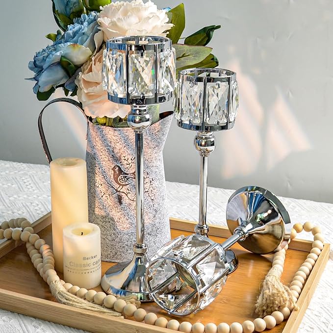 Crystal Tealight Candle Holders Set of 6 (9''/11''/13'') - Elegant Metal & Glass Centerpieces for Stunning Home Decor (Silver)