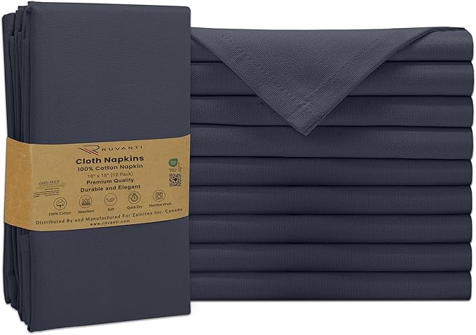 Ruvanti Premium Cloth Napkins Set of 12, 18x18 Inches, 100% Cotton, Washable, Soft & Absorbent, Perfect for Wedding, Christmas, ‎Thanksgiving Dinners - Ombre Blue