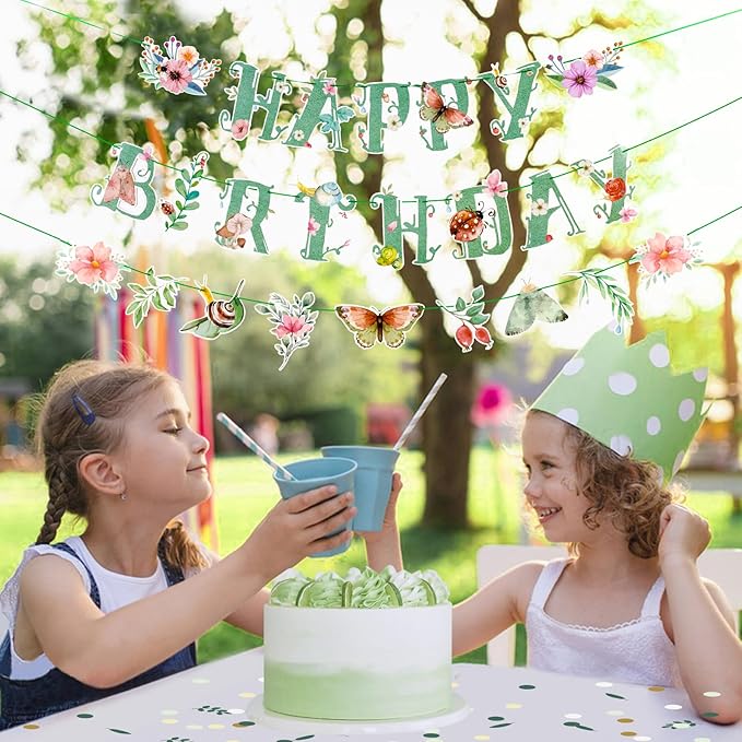 SUNBEAUTY Wildflower Happy Birthday Banner Sage Green Floral Flower Party Decorations Green Butterfly Flowers Banner Summer Spring Butterfly Birthday Party Decorations | Pre-Strung
