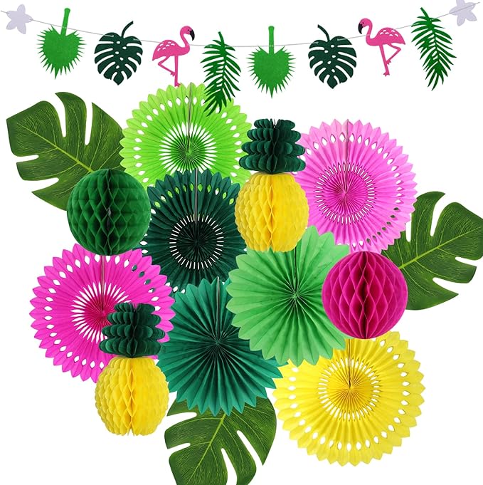 Hawaiian Party Decorations, Tropical Birthday Party Supplies Flamingo and Palm Leaves Banner Tissue Paper Fan Pineapple Honeycomb Ball for Summer Luau Bachelorette Party
