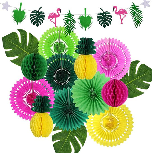 Hawaiian Party Decorations, Tropical Birthday Party Supplies Flamingo and Palm Leaves Banner Tissue Paper Fan Pineapple Honeycomb Ball for Summer Luau Bachelorette Party