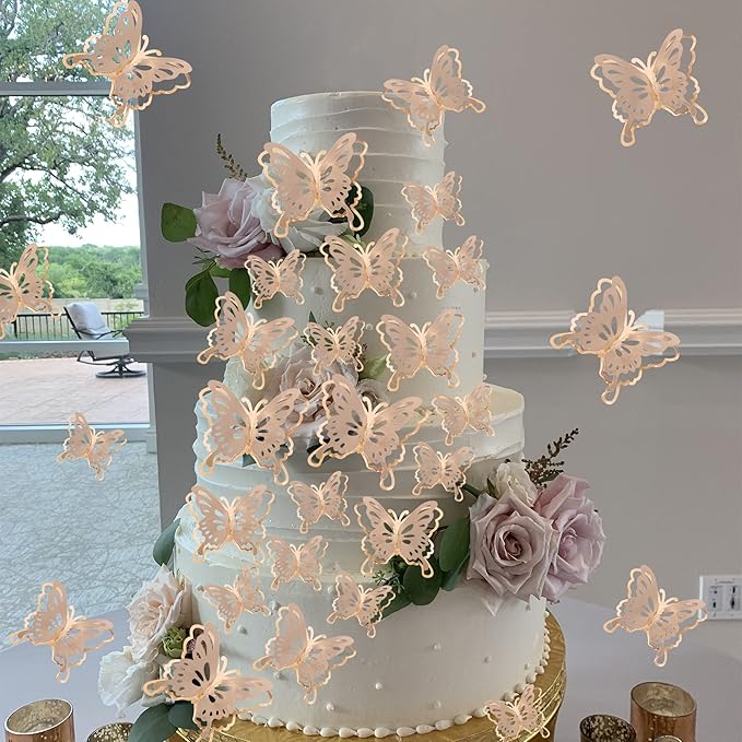 40 PCS Champagne Gold Lively 3D Butterfly Cupcake Toppers Mixed Size Hollow Art Butterfly Cupcake Topper Baby Shower Wedding Anniversary Birthday Party Cake Wall Decorations Supplies