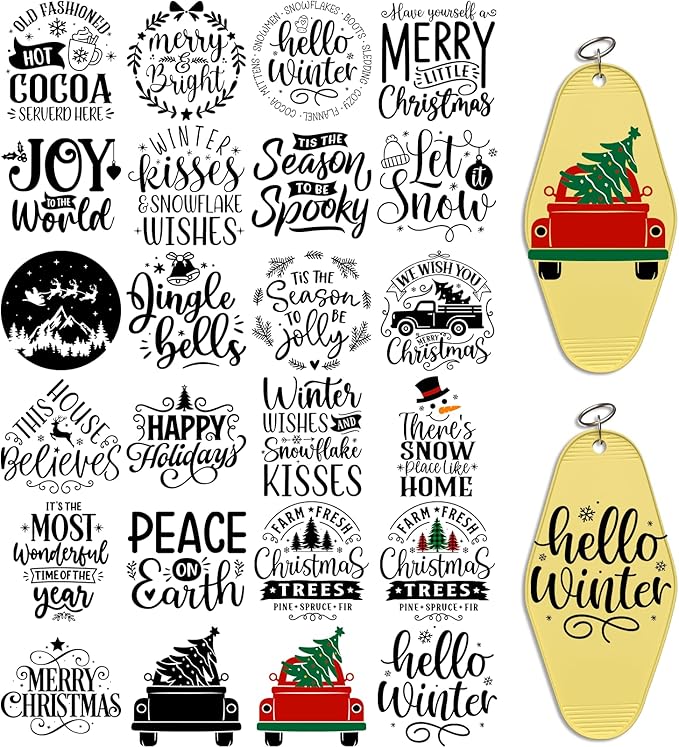 UV DTF Keychain Sticker,48 Sheets Christmas Quotes Waterproof Graphic Transfer Stickers, Perfect for Decorating Motel and Hotel Keychains
