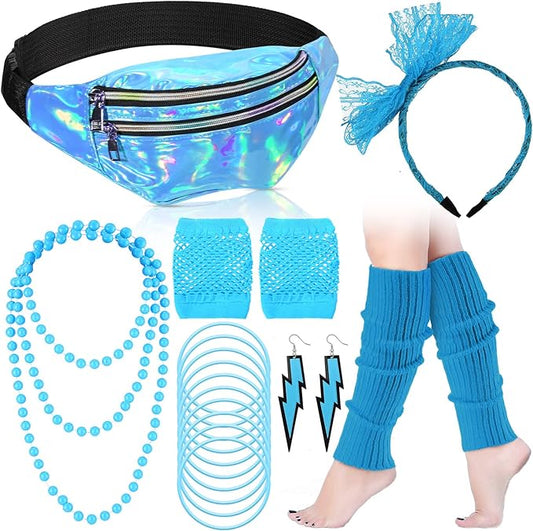 Handepo 19 Pcs 80s Costume Accessories Holographic Fanny Pack Leg Warmers Lace Headband Earrings Gloves Necklace Bracelet