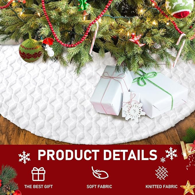 Christmas Tree Skirt 48 inches Faux Fur White Christmas Tree Skirt for Christmas Tree Decorations Winter Holiday Home Christmas Party Ornaments (White/Diamond)