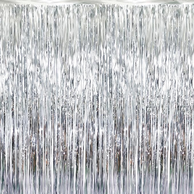 GOER 3.2 ft x 8.2 ft Metallic Tinsel Foil Fringe Curtains Party Photo Backdrop Party Streamers for Birthday,Graduation,New Year Eve Decorations Wedding Decor (Silver,5 pcs)
