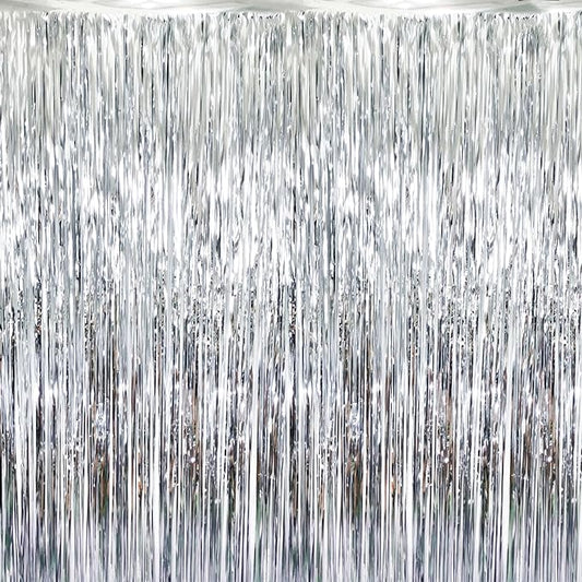 GOER 3.2 ft x 8.2 ft Metallic Tinsel Foil Fringe Curtains Party Photo Backdrop Party Streamers for Birthday,Graduation,New Year Eve Decorations Wedding Decor (Silver,5 pcs)