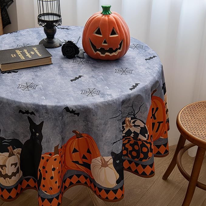 Halloween Waterproof Tablecloth – Spooky Pumpkin, Black Cat, Bat & Spider Web Design – Gray Holiday Table Cover for Party, Dining, and Home Decor, 60" Round
