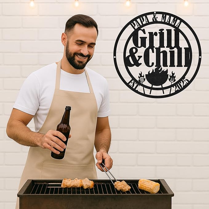 Custom BBQ Metal Sign Personalized Grill Name Wall Art for Outdoor Kitchen Patio Backyard Decor Fathers Gift for Dad Grandpa Husband Barbecue Smoker Area Sign, Grilling Lover Gifts 52