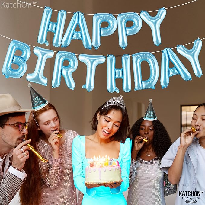 KatchOn, Light Blue Happy Birthday Balloon Banner - 16 Inch | Happy Birthday Sign | Birthday Decoration For Boys, Girls, Women and Men | Ocean Theme Birthday Decorations
