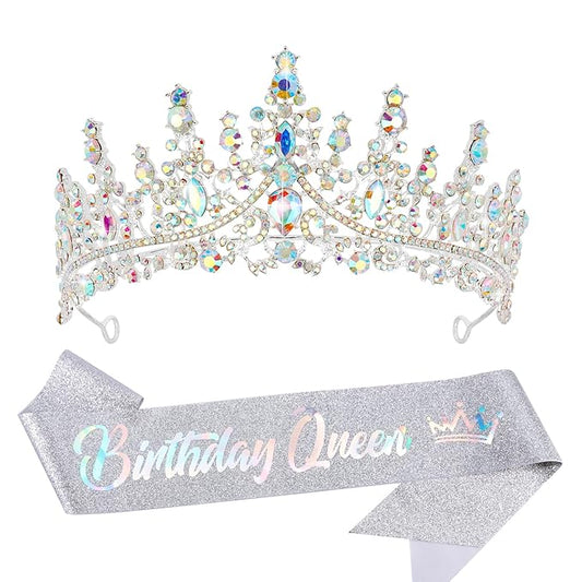 VELSCRUN Birthday Queen Tiara Crowns for Women Girls AB Silver Crystal Birthday Queen Headband Sash Elegant Princess Crown Happy Birth Party Decorations Mom Sisters Birth Gift Hair Accessories