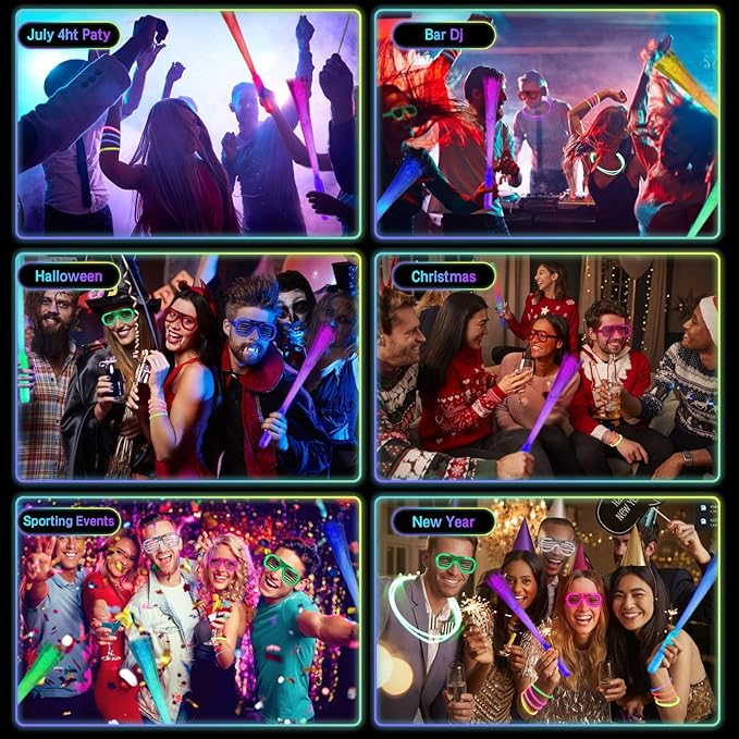 258 PCS Glow in the Dark Party Supplies,20 PCS Glow Fiber Optic Wands,20 PCS LED Glasses and 200PCS Glow Sticks Bulk Party Pack,18 Connector,New Years Eve, Wedding,Concert,Birthday