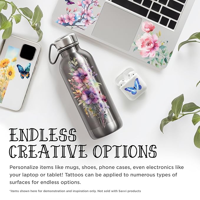 Savvi - 10 Watercolor Temporary Tattoos: Skin-Safe Ink, Flower and Butterfly Tattoo Set, Great for Parties and Everyday Wear, Gifts for Teens and Adults, Made in the USA [2 sheets, 10 count]