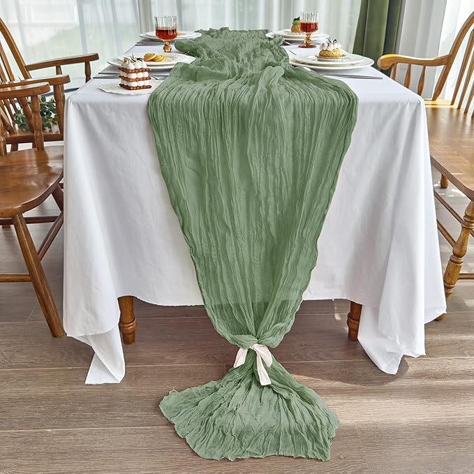 IVAPUPU 2 Pcs Cheesecloth Table Runner - 10ft Sage Green Boho Gauze Cheese Cloth Table Runners for Baby Shower Decoration Wedding Party Summer Garden Farmhouse
