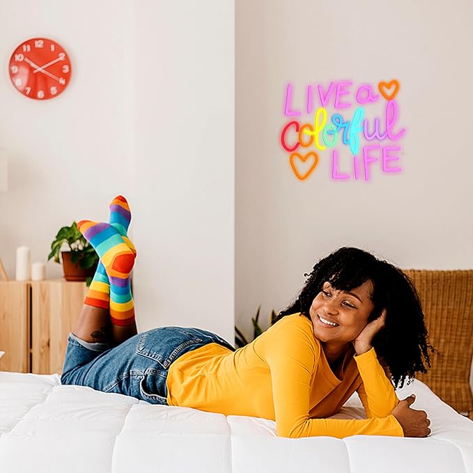 Live a Colorful Life Neon Sign for Wall Decor Positive Letter Neon Light Colorful Light Up Sign for Bedroom Classroom Party Club Office Pub Salon (12.6 * 15.4 In)
