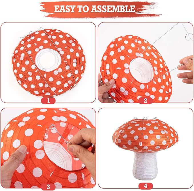 Homarkable Mushroom Paper Lanterns Paper Fans, Mushroom Party Decorations, with 3 Mushroom Lanterns 12 Inches, Red Orange Folding Fans, Honeycomb Party Decorations for Nursery Garden Forest Party