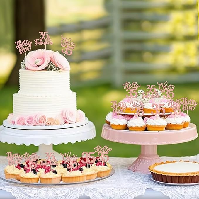 30PCS Happy 35th Birthday Cupcake Toppers Glitter Hello 35 Fabulous Thirty Five Cheers to 35 Years Old Birthday Cupcake Picks for Happy 35th Birthday Anniversary Party Cake Decor Supplies Rose Gold