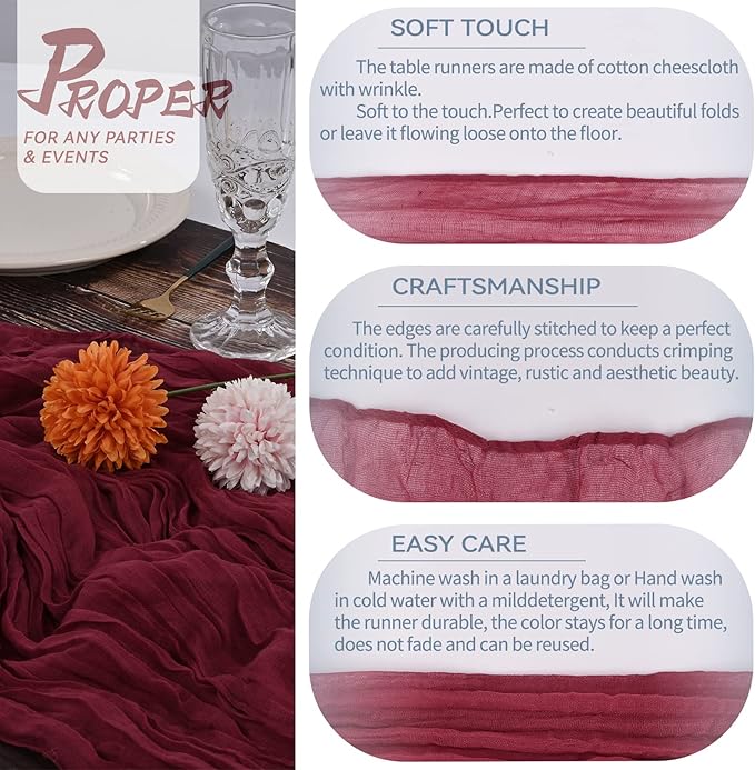 10 Packs Burgundy Cheesecloth Table Runner,10Ft x 35" Wine Red Rustic Gauze Boho Wedding Table Runner Decoration, Wedding Table Decor Table Cloth for Wedding Party Bridal Shower Table