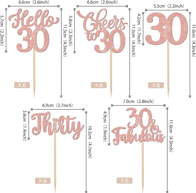 30PCS Happy 30th Birthday Cupcake Toppers Glitter Thirty Cheers to 30 Years Old Birthday Cupcake Picks Hello 30 Fabulous Cake Decorations for Happy 30th Birthday Anniversary Party Supplies Rose Gold