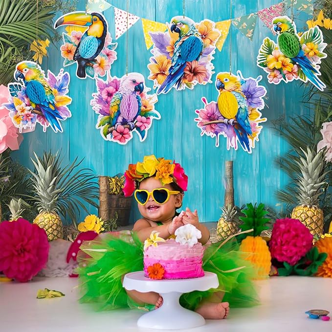 Tropical Birds Honeycomb Decorations, Parrot Honeycomb, Birds Hanging Decorations for Jungle Hawaiian Summer Beach Luau Party