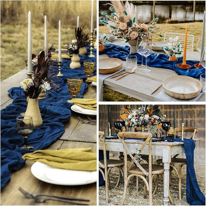 6 Pack Navy Blue Cheesecloth Table Runner 10FT Boho Gauze Fabric Blue Cheese Cloth 35 x 120 Inch Rustic Sheer Table Runner for Wedding Decor Baby Shower Party Decoration