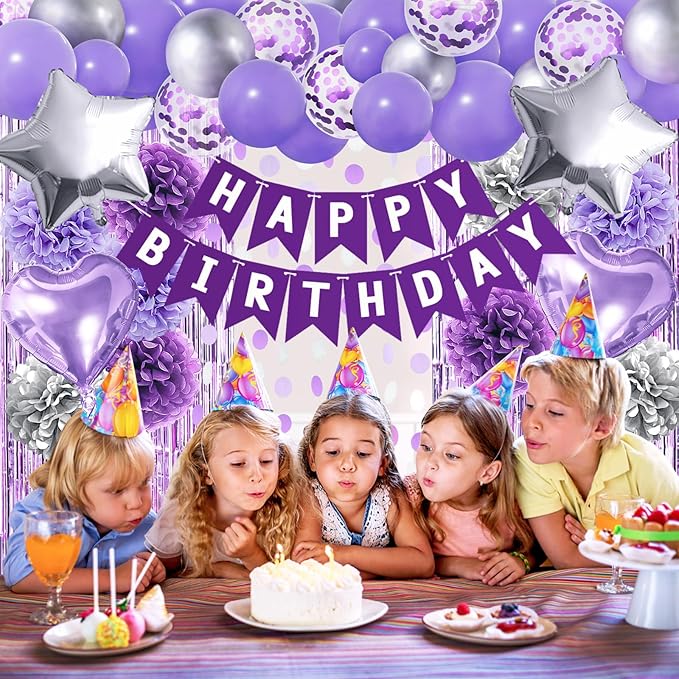 ZERODECO Purple Silver Birthday Party Decorations for Women Girls, Happy Birthday Banner Pompoms Balloon Arch Fringe Curtain Party Décor for Baby Girls Women Purple Silver Party