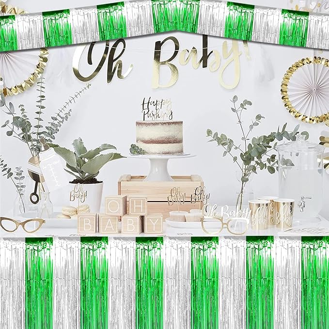 6 Pack 10 Feet Foil Fringe Garland Metallic Tinsel Streamers Banner Wall Hanging Backdrop for Parade Floats, Valentine's Day, Wedding, Birthday, St Patrick Day Party Decorations(Silver Green)